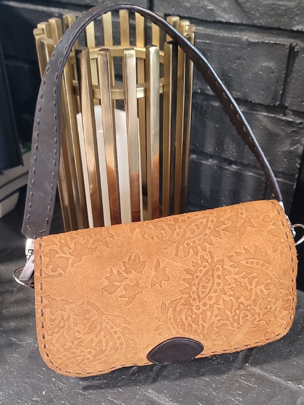 Vintage The Limited Suede Embossed Saddle Bag - Tan - Picture 1 of 8